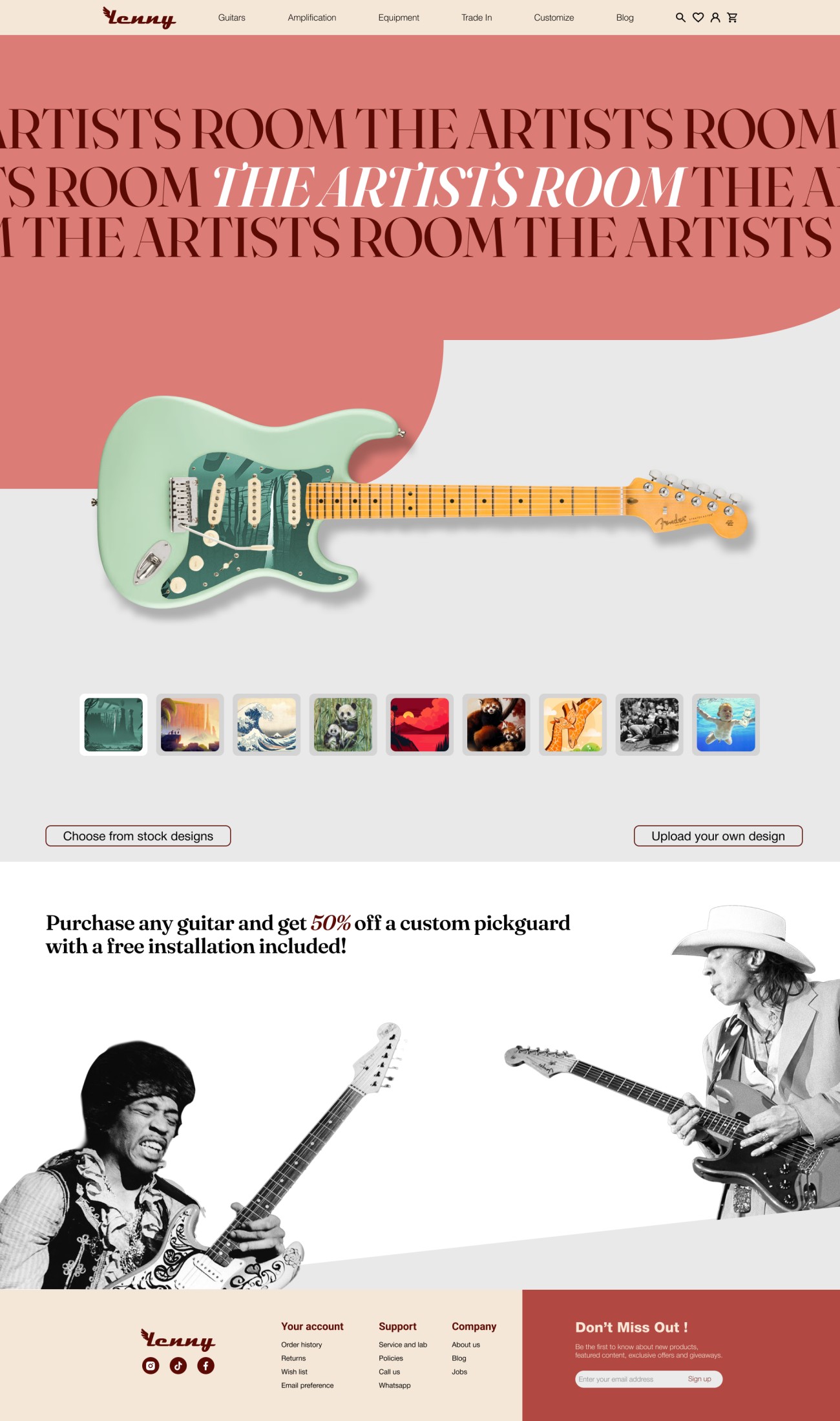 Lenny Guitar Shop customize page: choose or upload a pickguard design