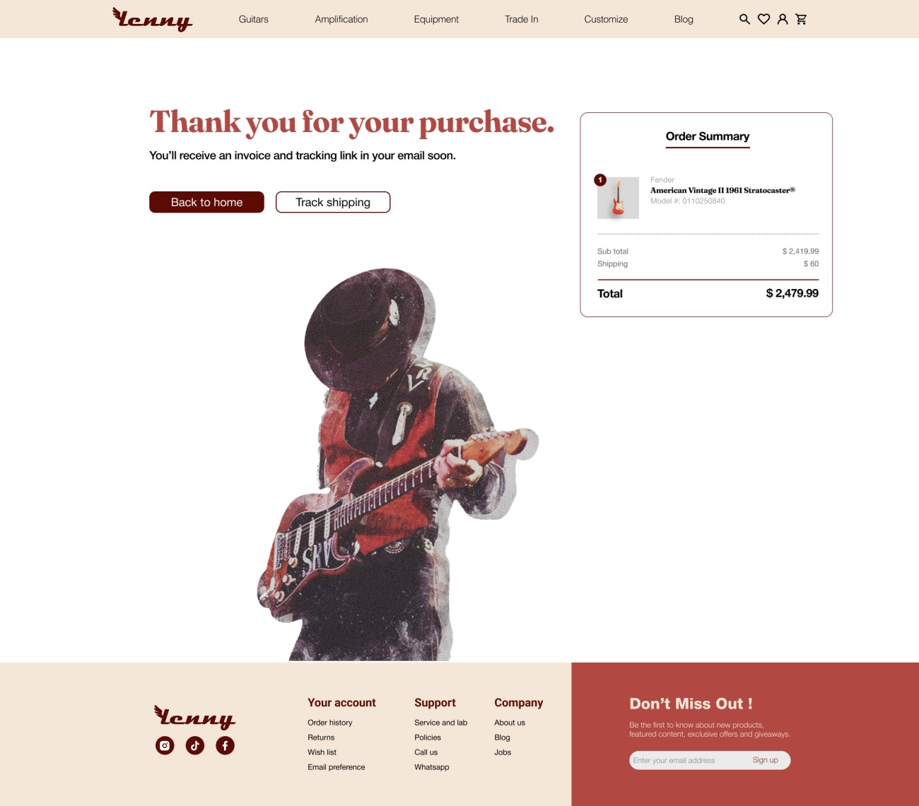 Lenny Guitar Shop order confirmation with the order summary