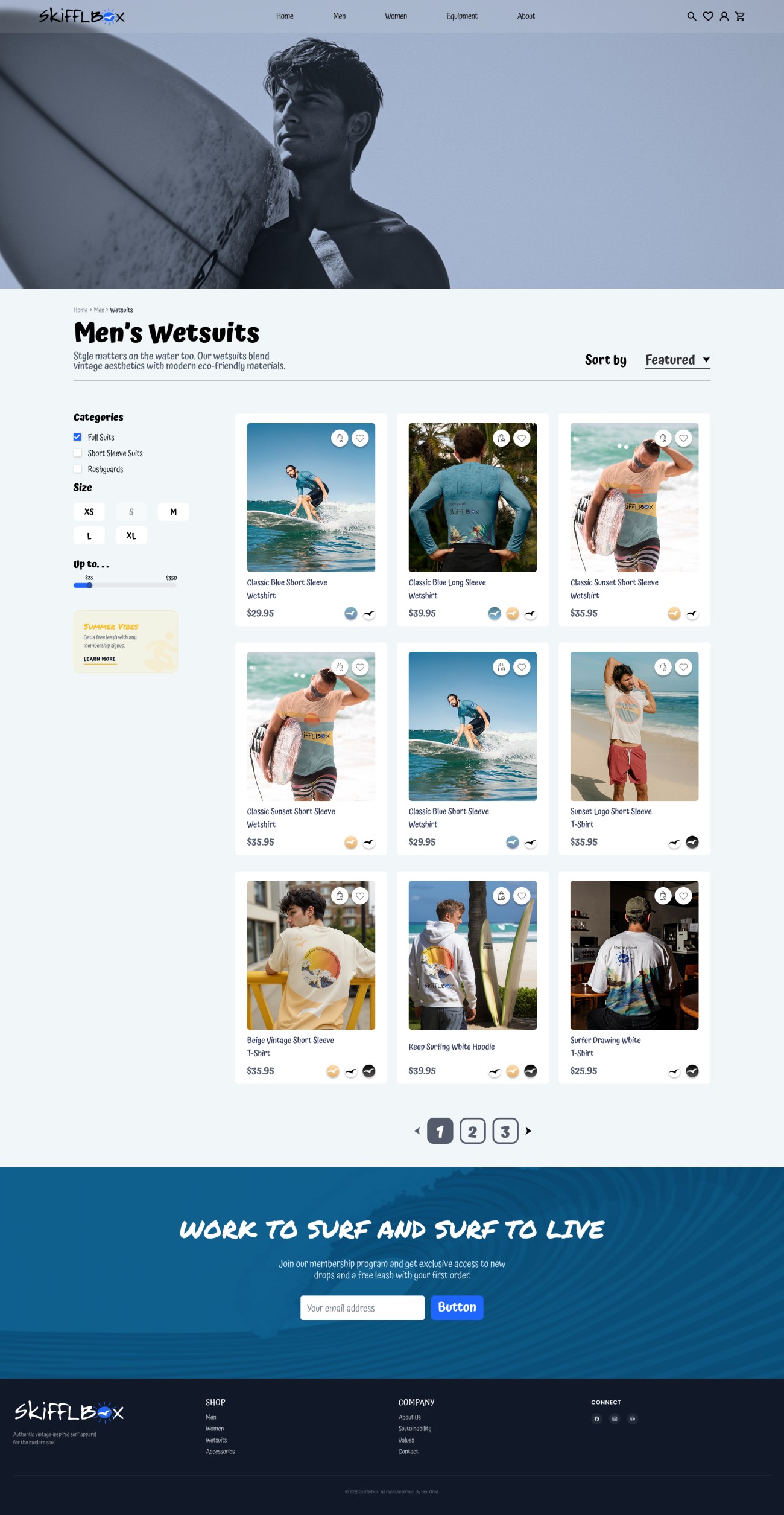 SkiffleBox men's wetsuits category page with filters and product grid