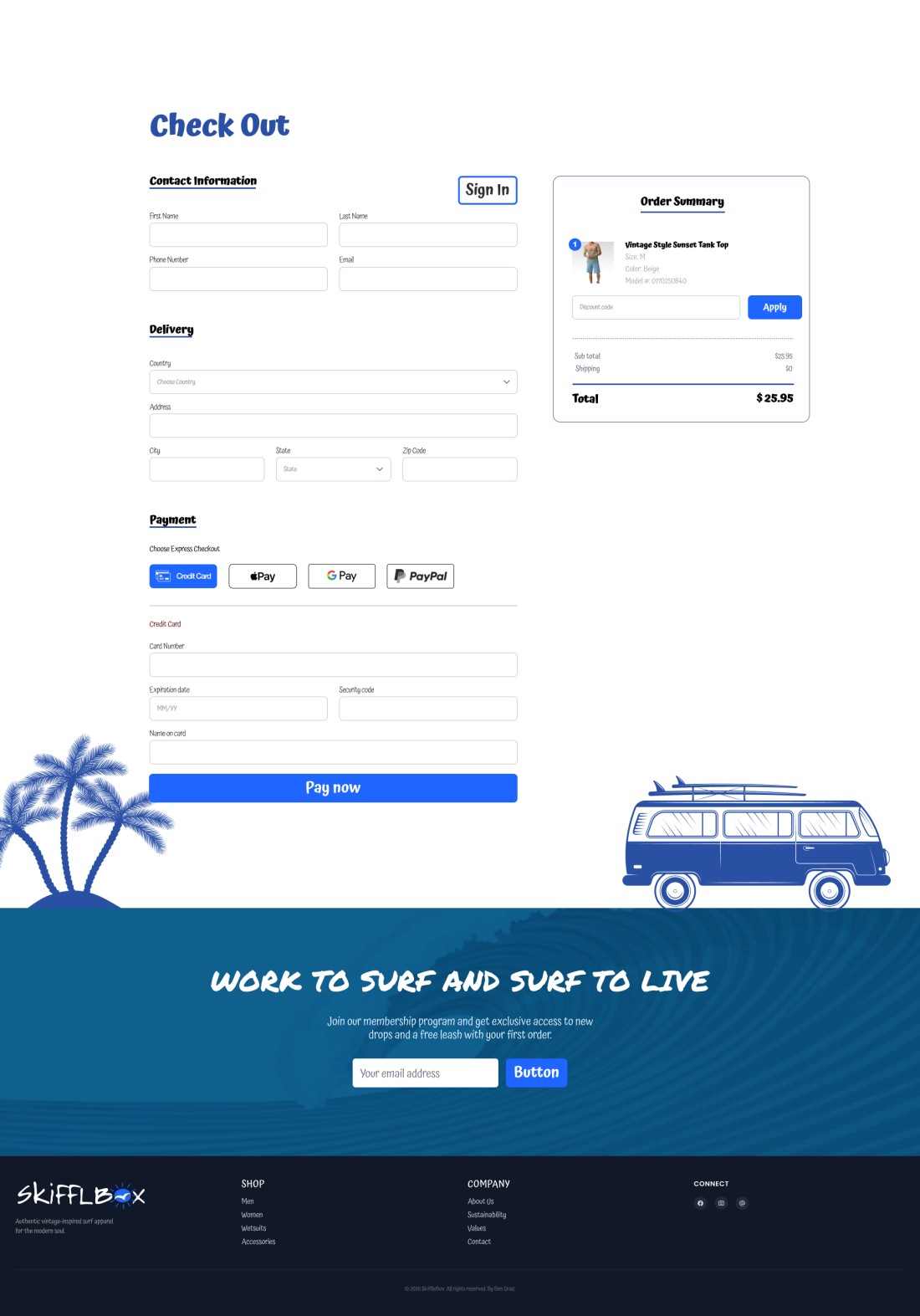 SkiffleBox cart, checkout and thank-you screens