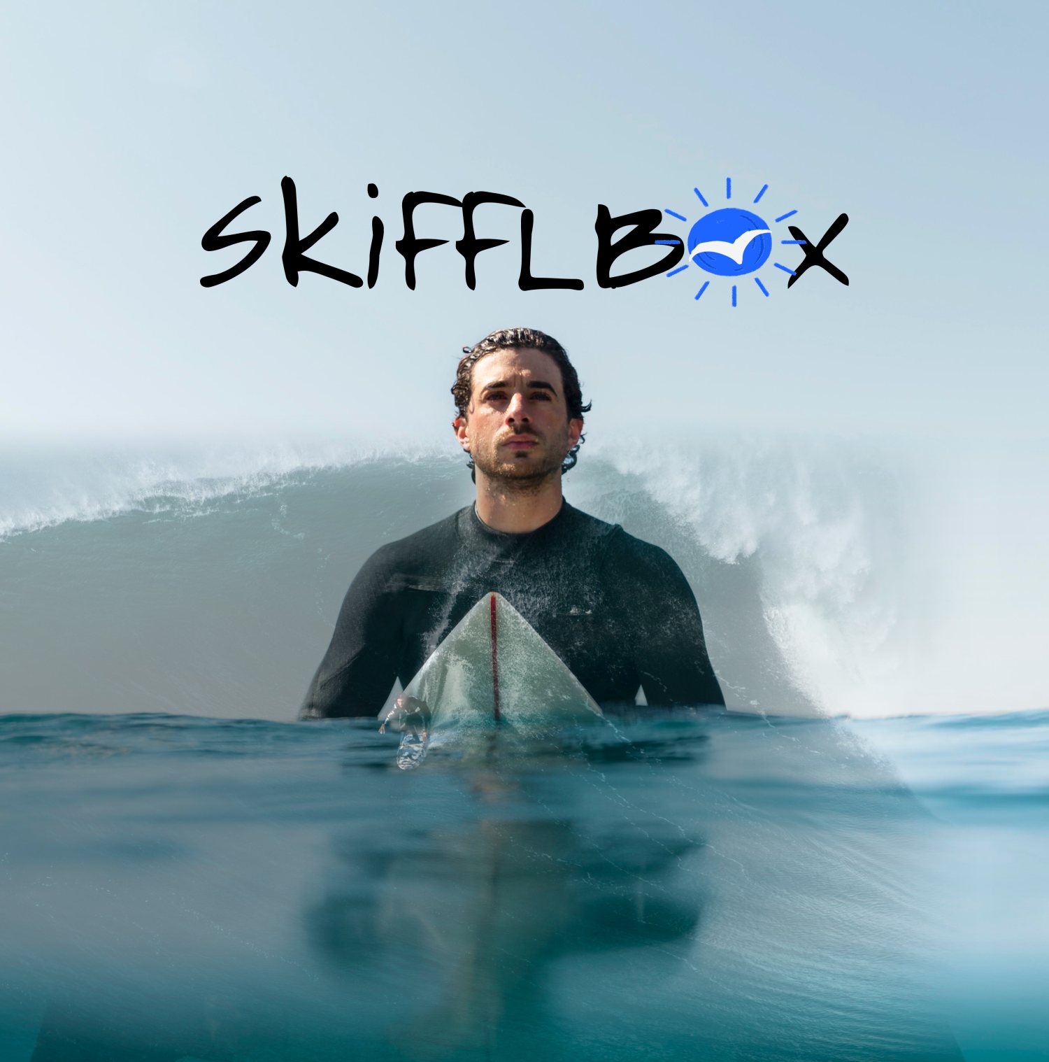SkiffleBox brand poster: logo over a surfer emerging from a wave