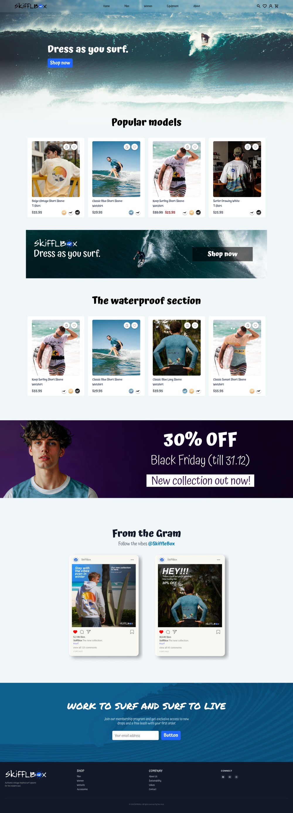 SkiffleBox homepage: hero, popular models, waterproof section, promotions and Instagram feed