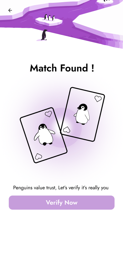 Waddle match-found screen with a verify-it's-you trust step