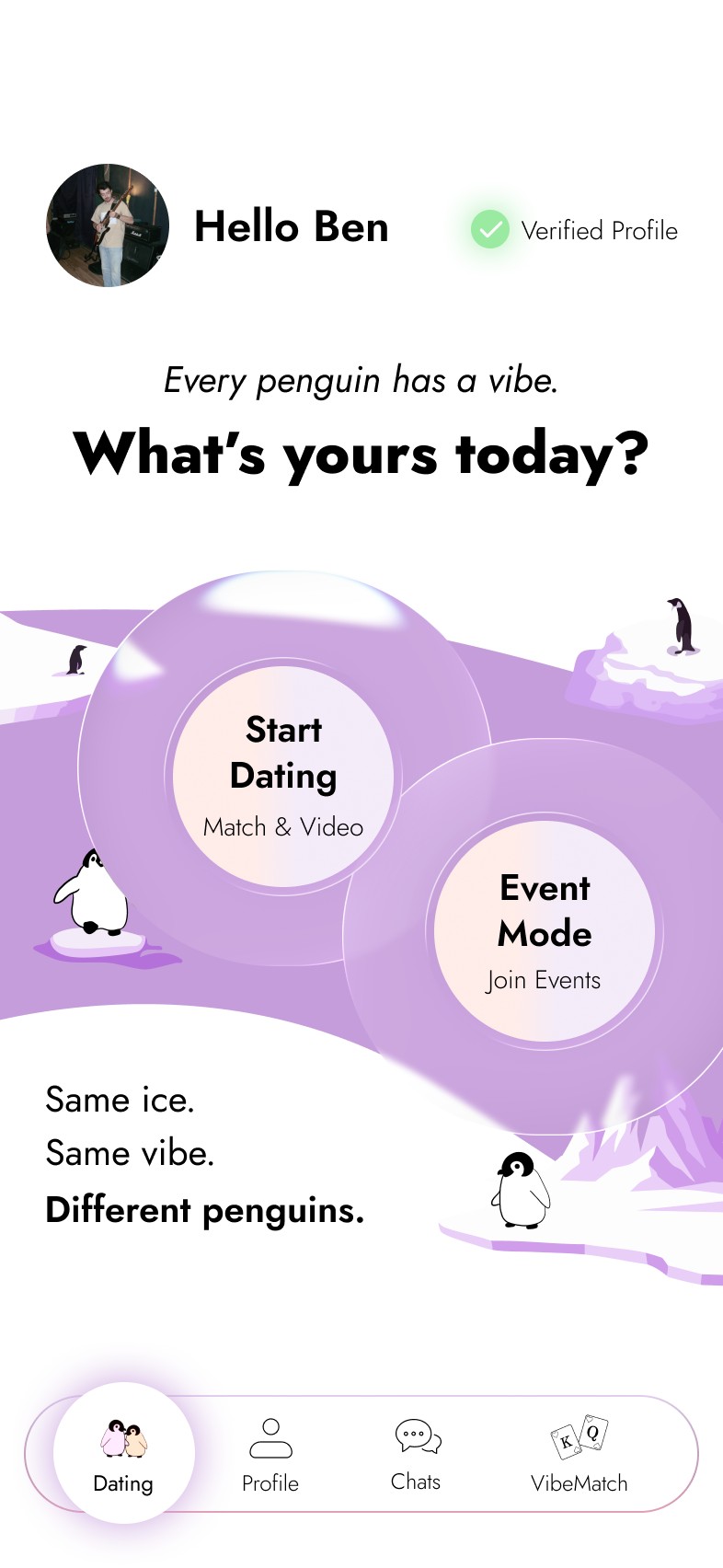 Waddle home screen: choose dating mode or events mode